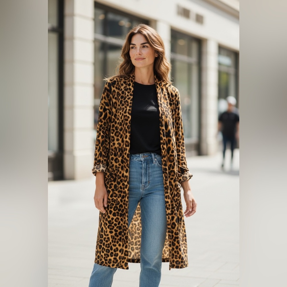 Brittany Black Leopard Print Duster Cardigan Long Open Front Sweater Jacket Med